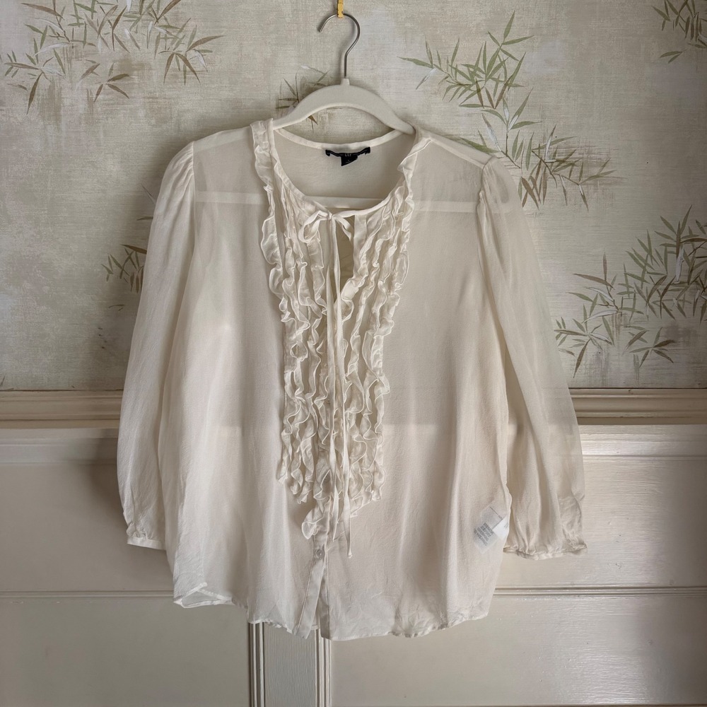 GAP Ivory 100% Silk Ruffle Front Tie Neck Sheer Blouse Office Cottagecore Ren L